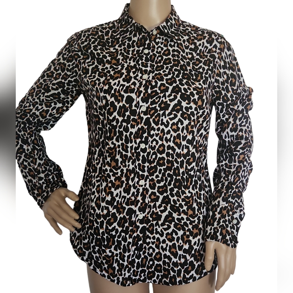 J Crew Slim Fit Leopard Print LS Button Down Linen Cotton Shirt Womens Size 2 XS